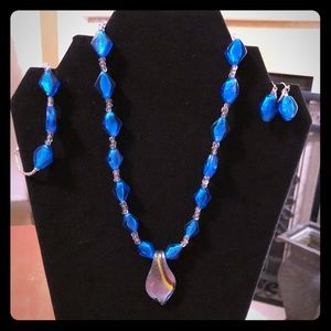 3pc blue glass bead jewelry set